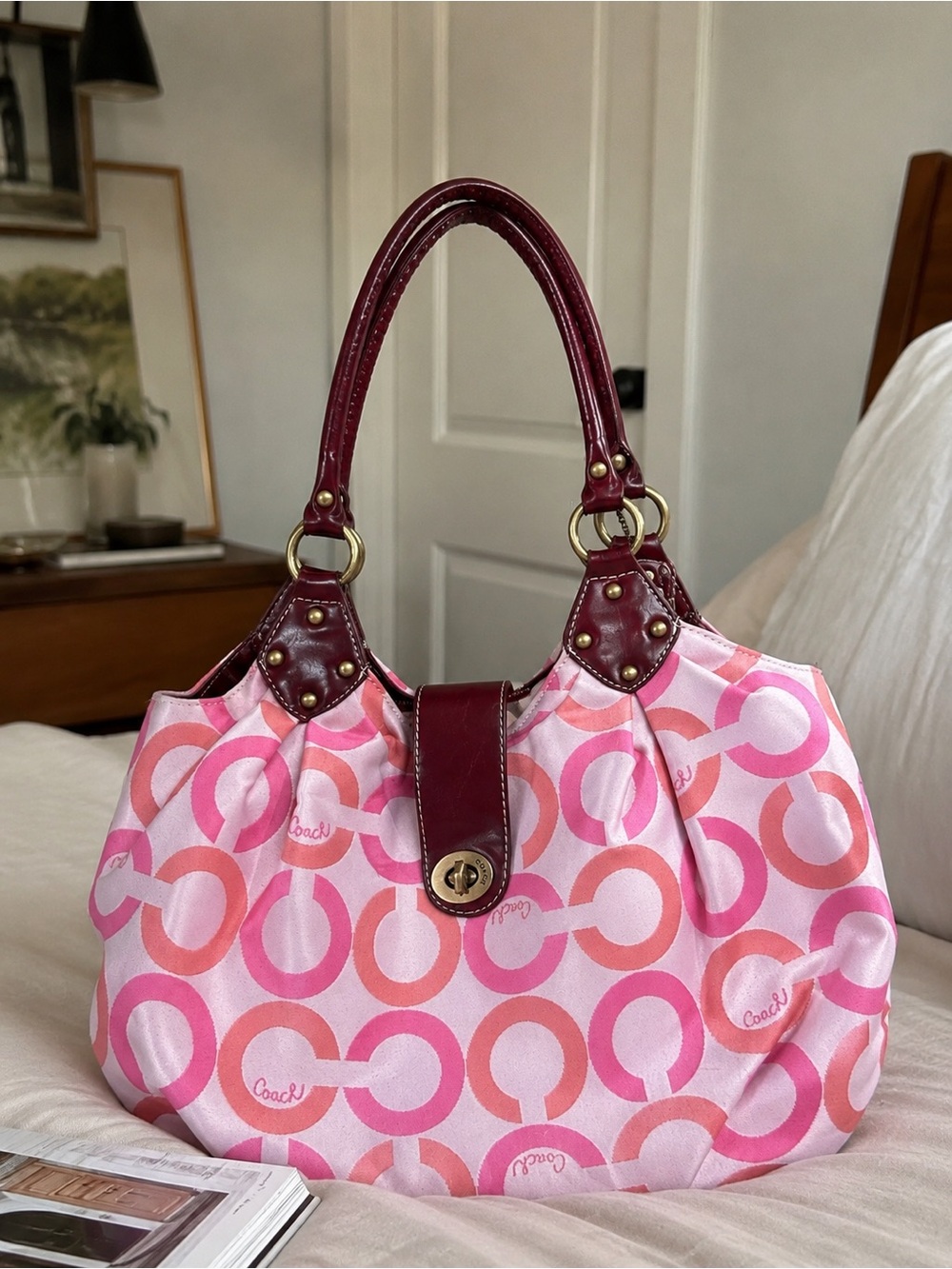 Coach Pink & Burgundy Circle-Print Shoulder Bag
